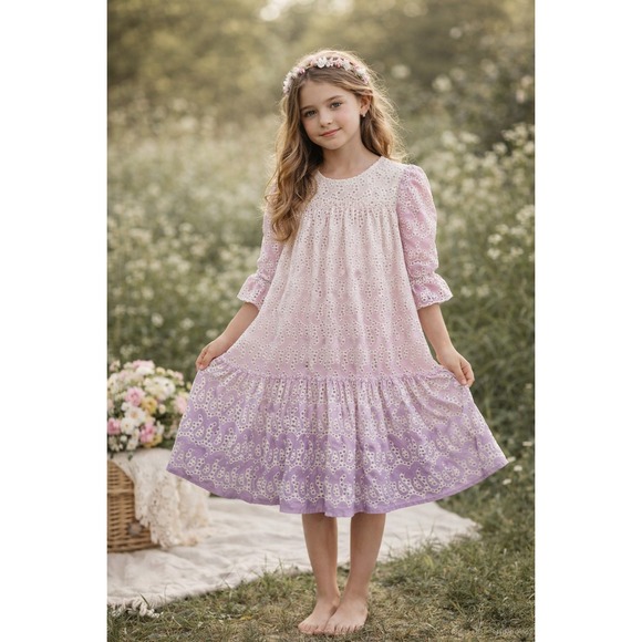Lilou Other - Girls Size 14 Ombre Eyelet Easter Dress Pink Purple Long Sleeve Cottagecore Boho